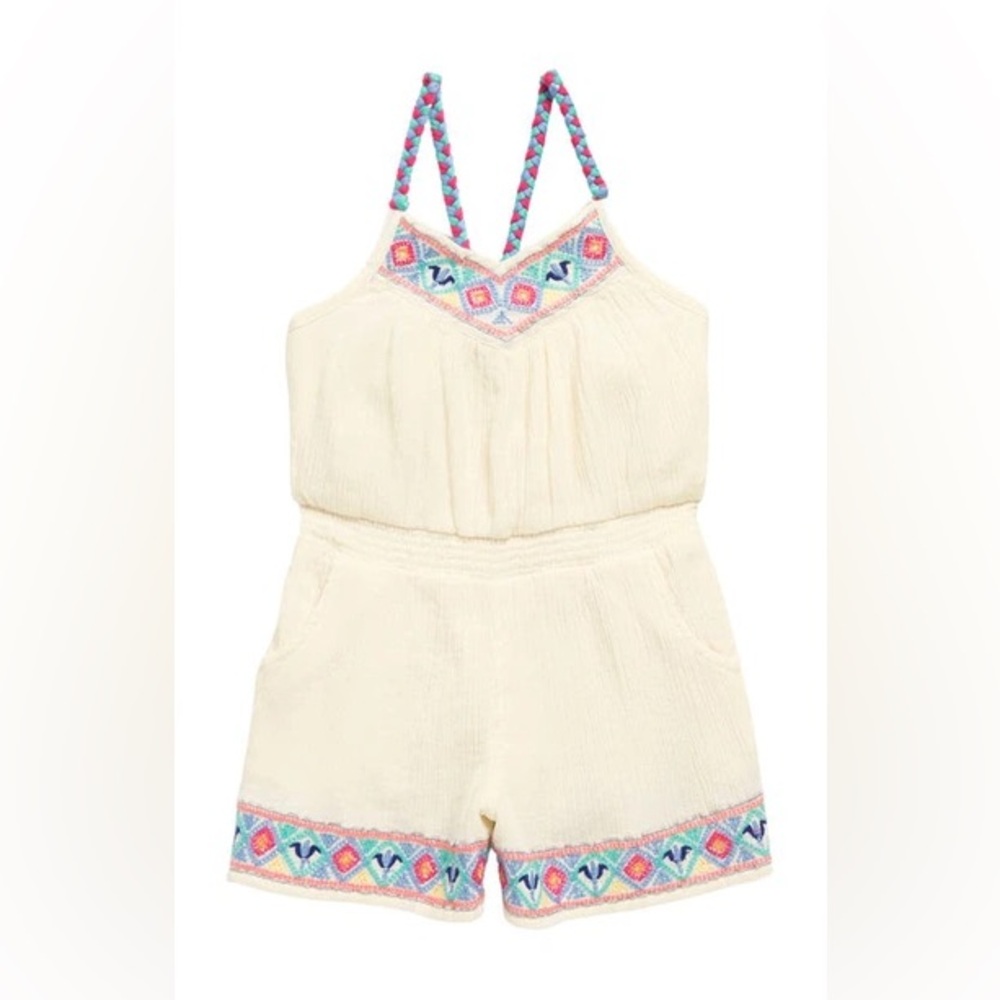 PEEK ARENT YOU CURIOUS EMBROIDERED ROMPER IN OFF-WHITE size 6/7